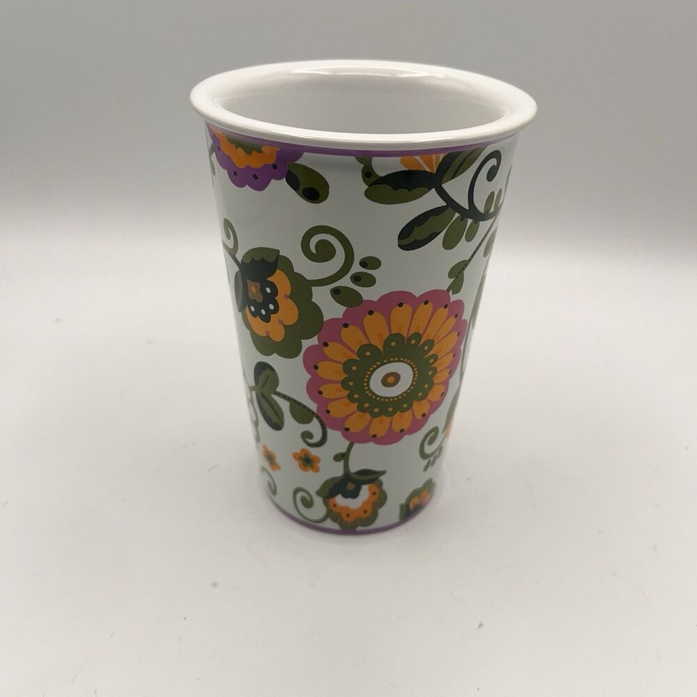 Longaberger Pottery Travel Coffee Mug Multi-Colored Design 5" No Lid